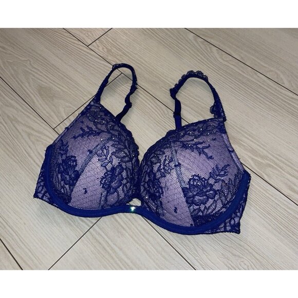 Victoria's Secret Other - Victorias Secret Push Up Bra Lace Padded Underwire Rhinestones Womens 32D Blue